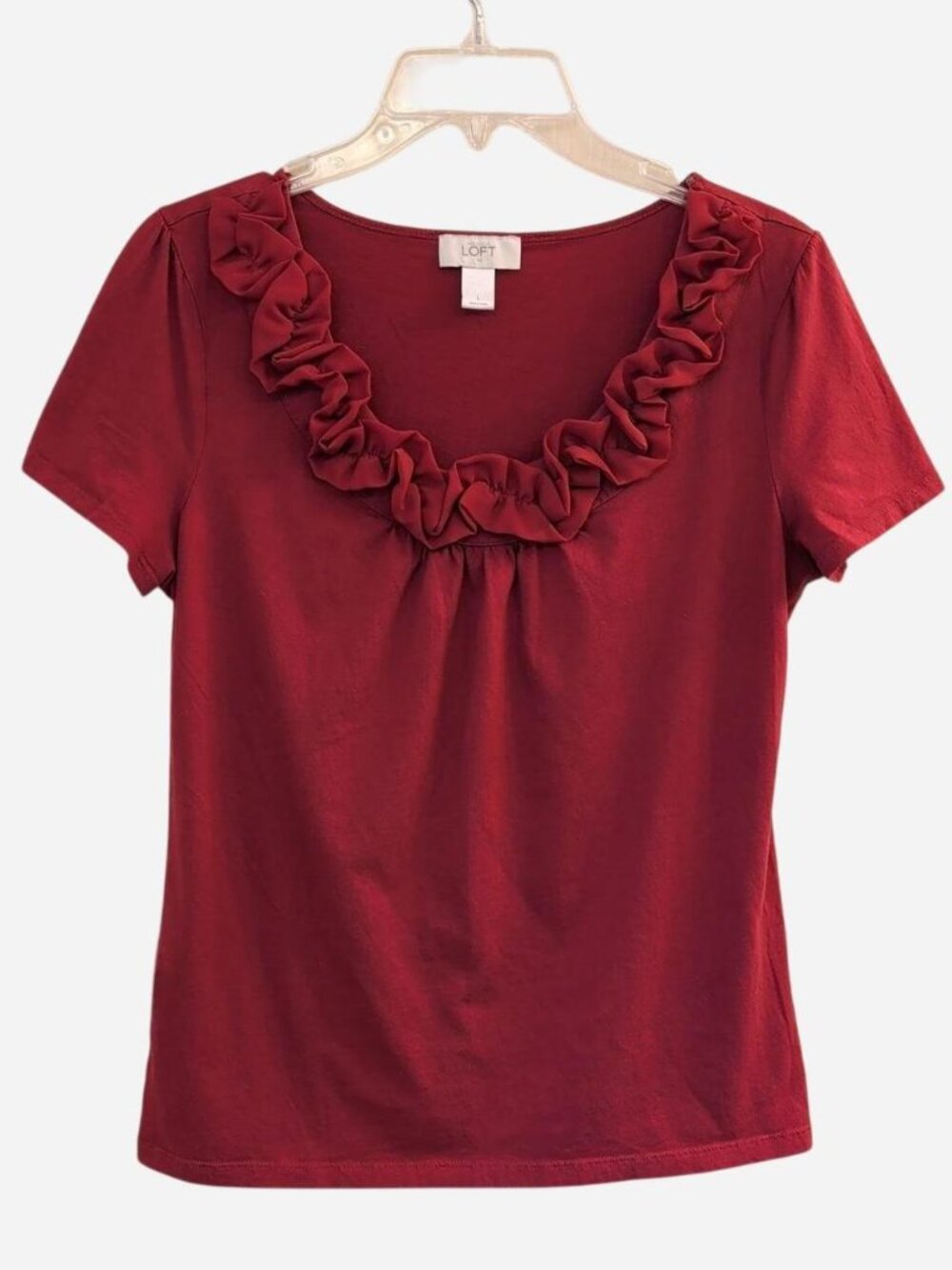 LOFT Red Ruffle Scoop Neck Short Sleeve Tee Size L Cotton Modal